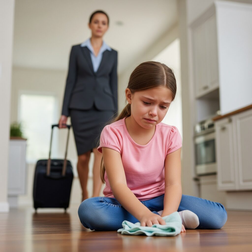 I returned from my trip a day early to find my 9-year-old daughter alone, on her hands and knees, cleaning the kitchen floor because my in-laws thought she “needed discipline.”-TNY She Was Mocked for Her Crying Baby — Until a Stranger Across the Aisle Stood Up for Her