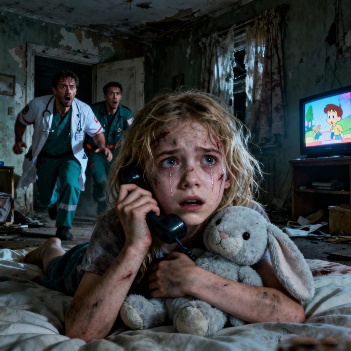 “My legs hurt… I can’t close them.” That’s what a trembling six-year-old told 911 before whispering the words that stopped every dispatcher cold: “There are ants in my bed… and nobody’s home.” When paramedics arrived, they found her clutching a one-eared rabbit inside a peeling blue house. What doctors uncovered later didn’t just break hearts — it revealed a truth so painful, so human, that even the toughest officers couldn’t hold back tears.